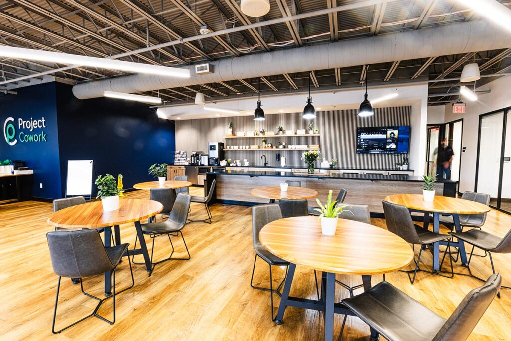 project cowork common area. includes a fully stocked kitchen and cafe seating